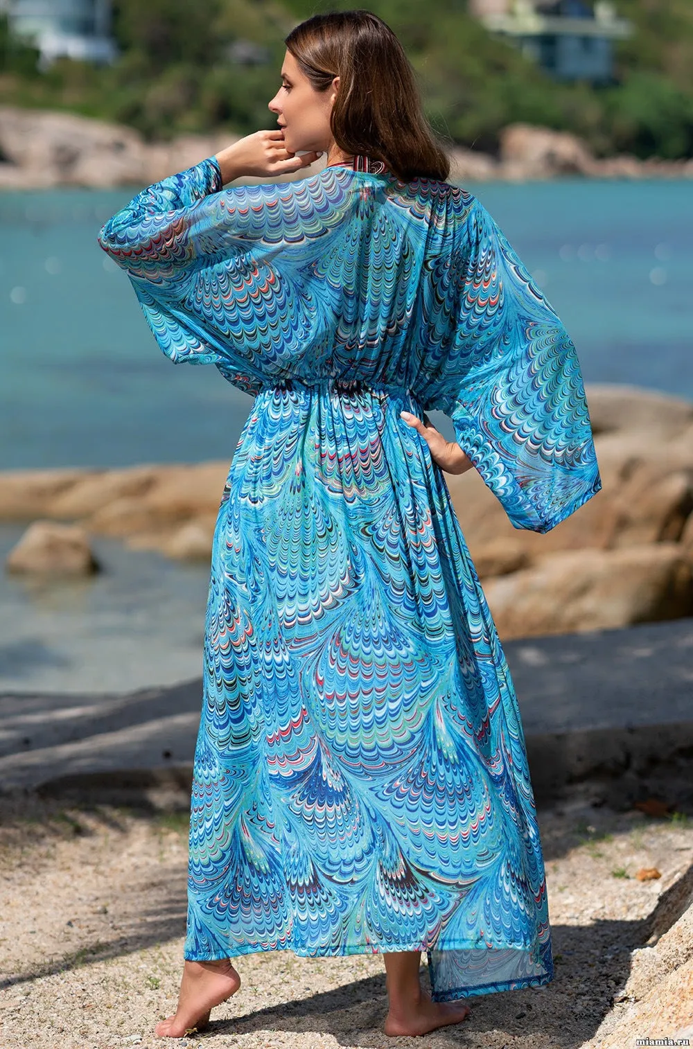 Quick-dry strip cardigan with floral border for holiday beach bikini top