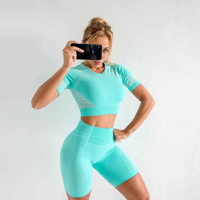 Yvette Workout Sets for Women 2 Piece High Waisted Seamless Shorts with Outfit Crop Top Gym Clothes